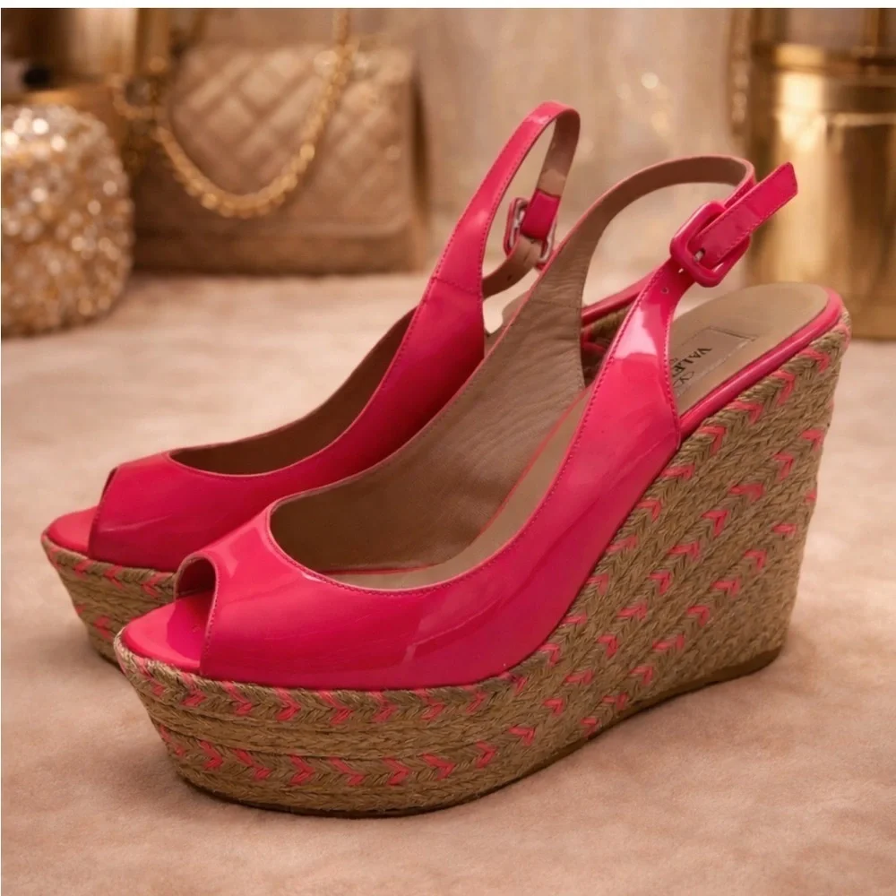 Valentino Garavani Pink Patent Leather Espadrille Wedges Fits Like 6.5